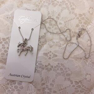 NEW Girl's Austrian Pink Crystal Horse Pendant Charm Silver Tone Necklace